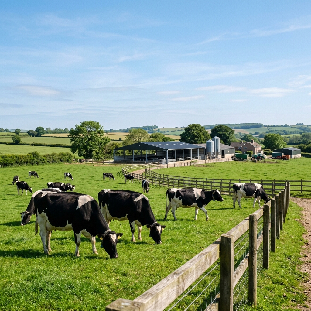 Modern dairy cow farm in a clean green field